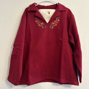 NWOT XL Collections Etc Red Burgandy Floral Leaf Fall Sweater